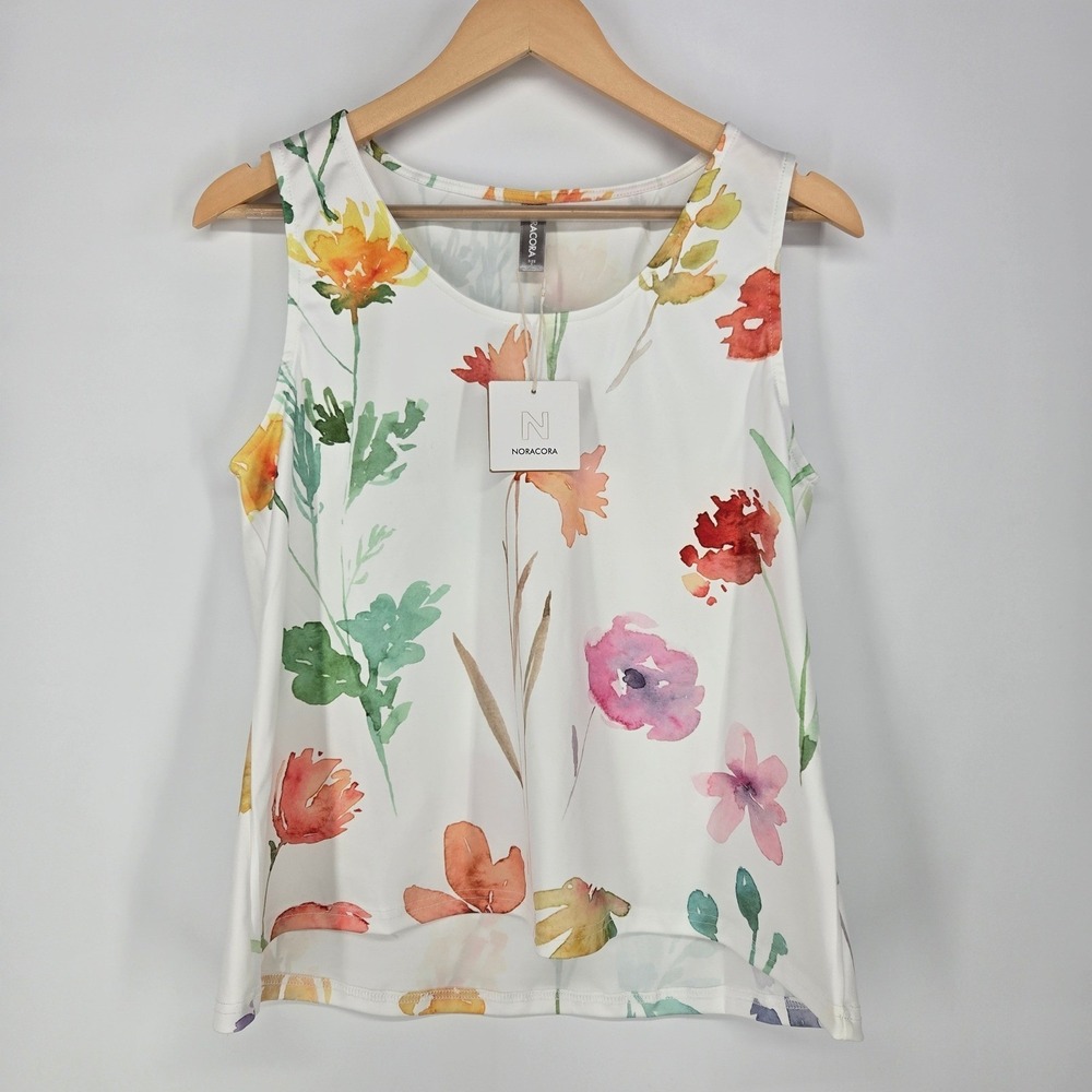 Noracora Womens White Watercolor Floral Jersey Tank Top Scoop Neck small s